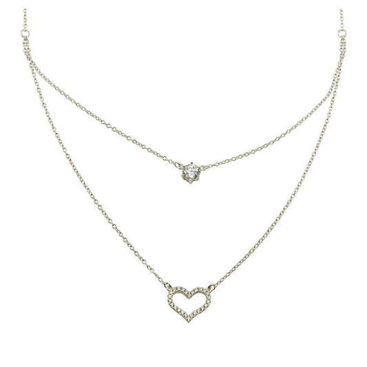 Rhodium Plated 925 Sterling Silver Double Chain Heart Necklace with CZ - BGP01224 SPI