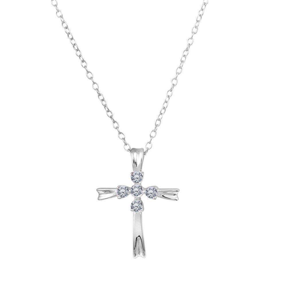Rhodium Plated 925 Sterling Silver Simple Cross Necklace with CZ - BGP01231 SPI
