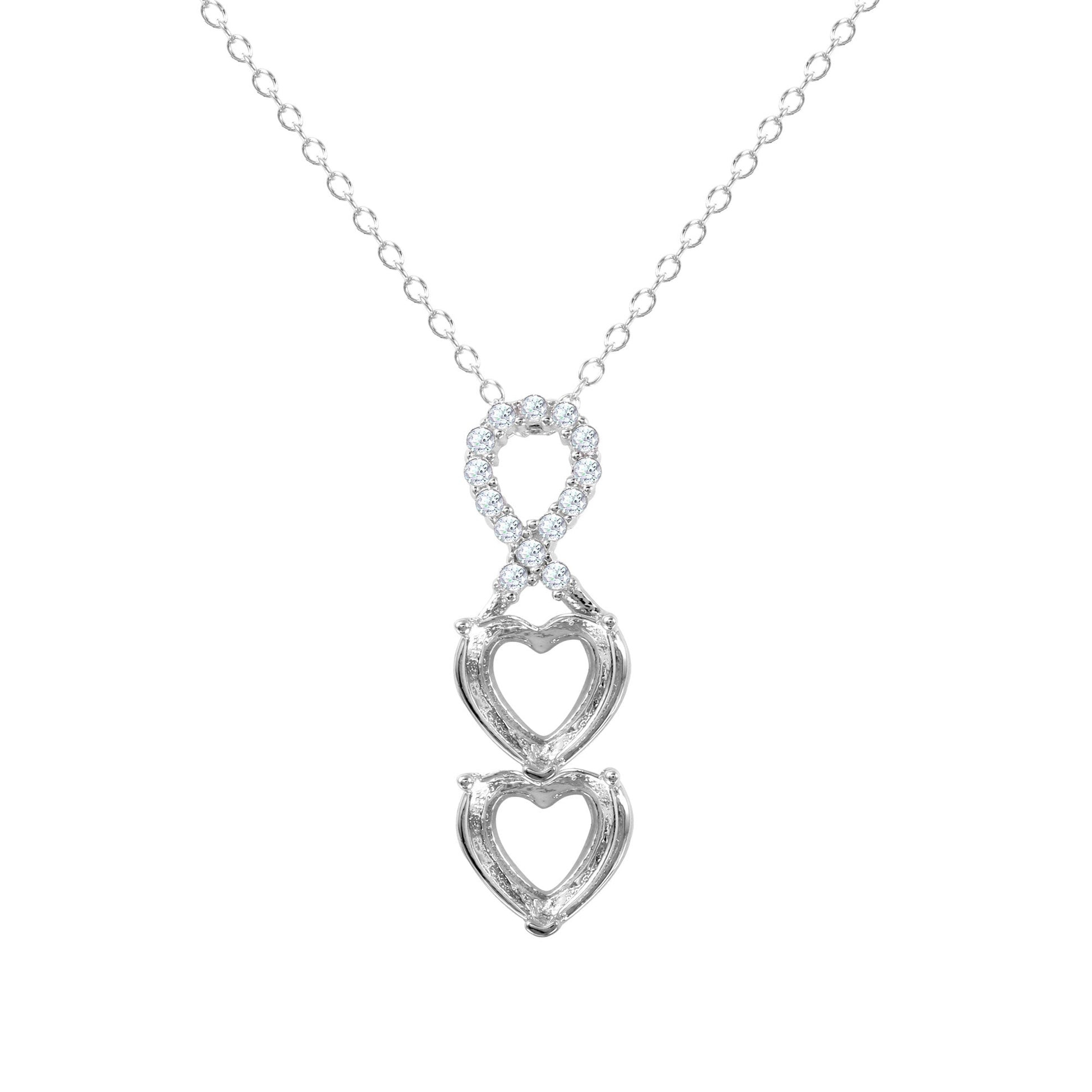 Rhodium Plated 925 Sterling Silver Personalized Ribbon 2 Hearts Drop Mounting Necklace - BGP01383RHD SPI