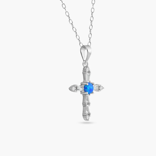 Rhodium Plated 925 Sterling Silver Blue Synthetic Opal Cross Necklace - BGP01452 SPI