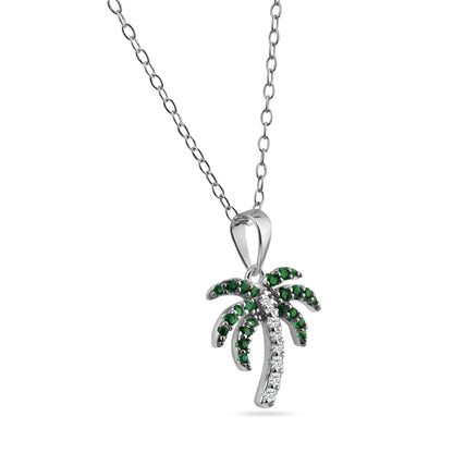 Rhodium Plated 925 Sterling Silver Green and Clear Palm Tree Pendant Necklace - BGP01456 SPI