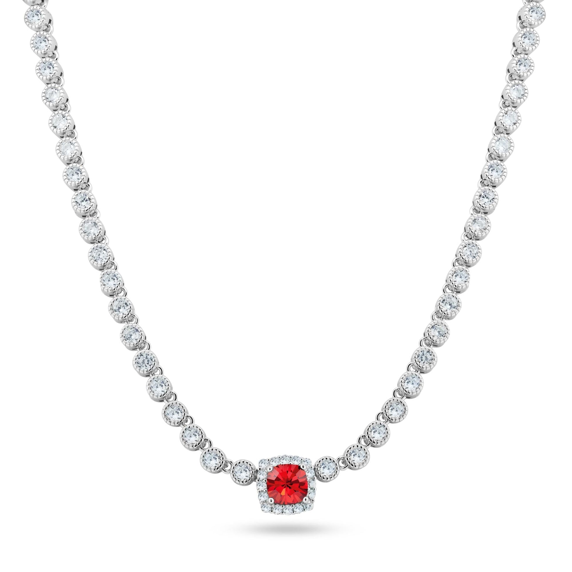 Rhodium Plated 925 Sterling Silver Bubble Tennis CZ Red Center Stone Necklace - BGP01469JAN SPI