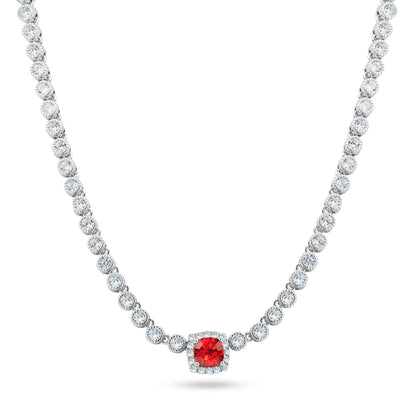 Rhodium Plated 925 Sterling Silver Bubble Tennis CZ Red Center Stone Necklace - BGP01469JAN SPI