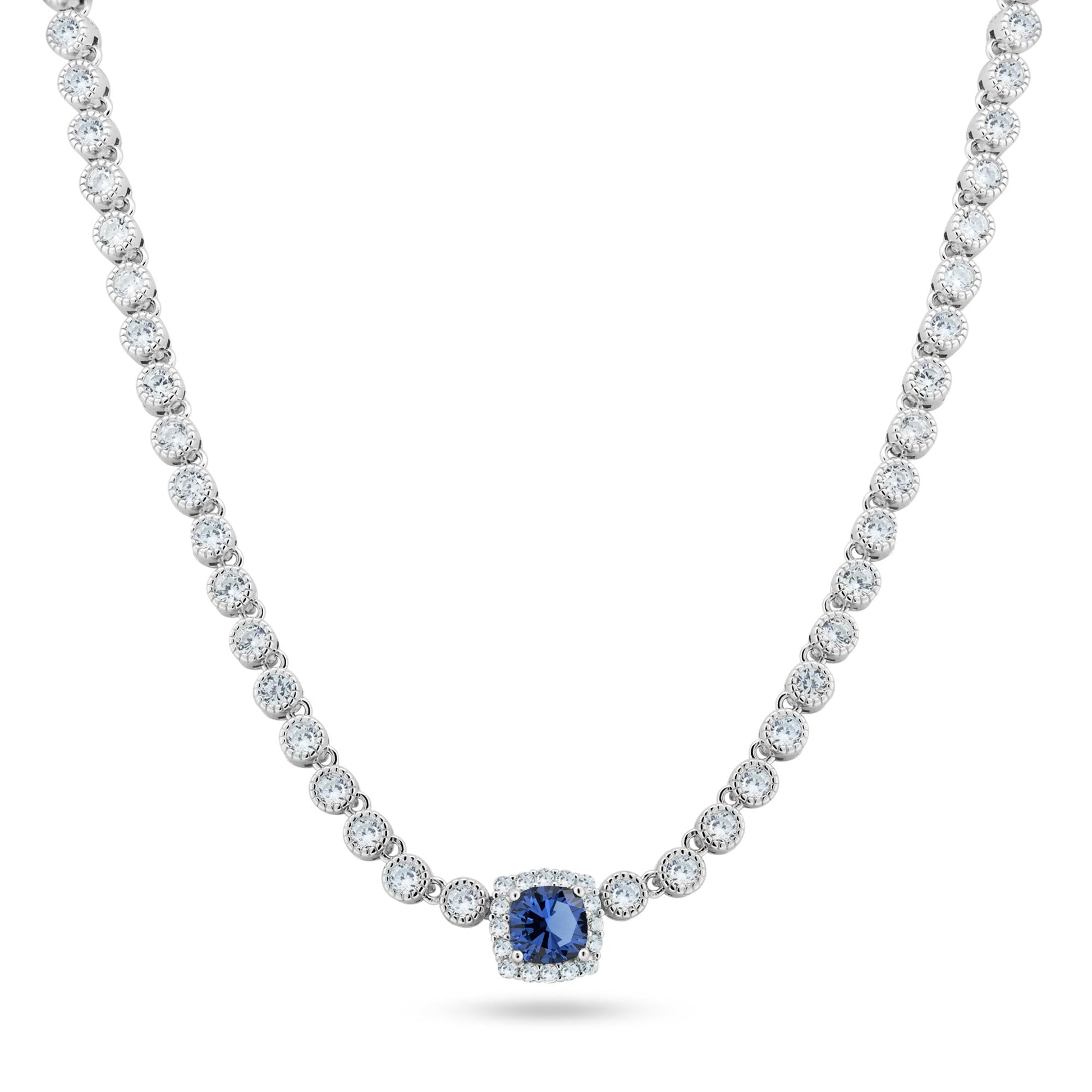 Rhodium Plated 925 Sterling Silver Bubble Tennis CZ Blue Center Stone Necklace - BGP01469BLU SPI