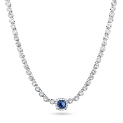 Rhodium Plated 925 Sterling Silver Bubble Tennis CZ Blue Center Stone Necklace - BGP01469BLU SPI