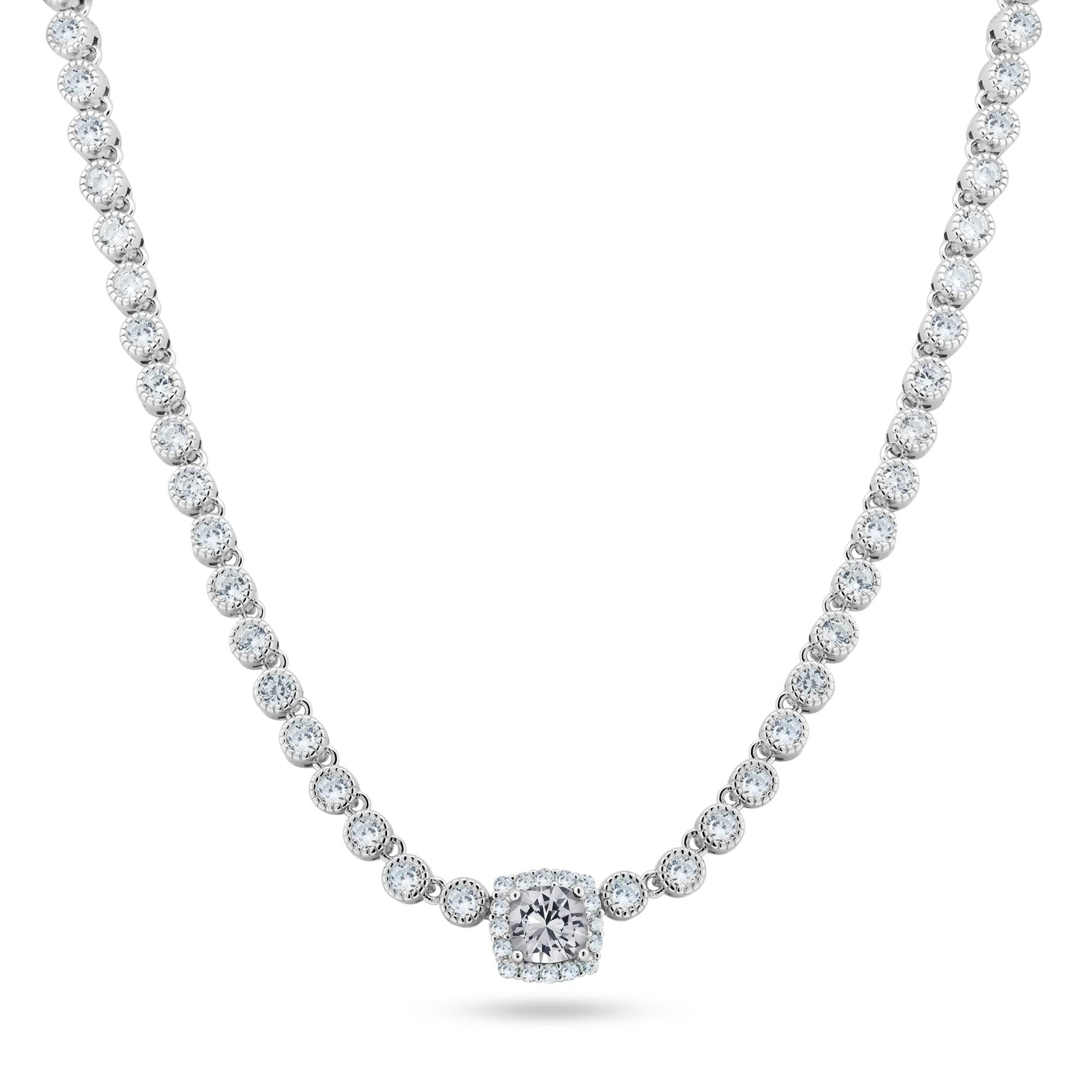 Rhodium Plated 925 Sterling Silver Bubble Tennis CZ Clear Center Stone Necklace - BGP01469CLR SPI