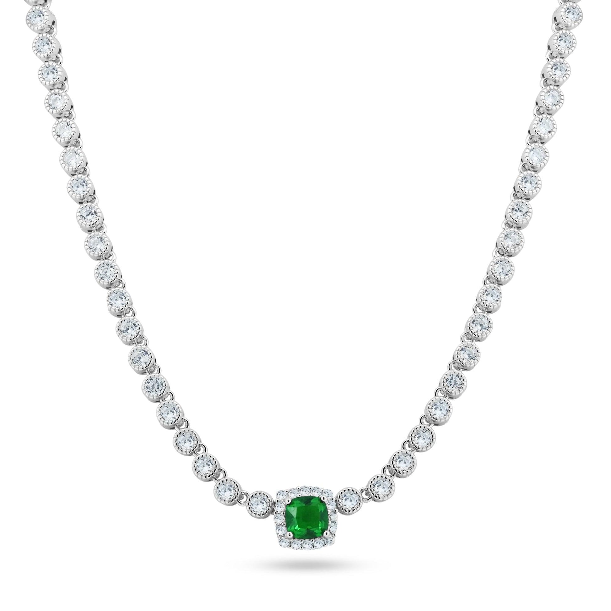 Rhodium Plated 925 Sterling Silver Bubble Tennis CZ Green Center Stone Necklace - BGP01469GRN SPI