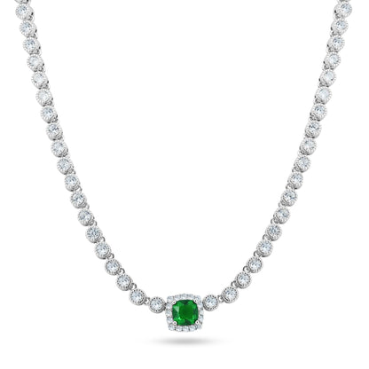 Rhodium Plated 925 Sterling Silver Bubble Tennis CZ Green Center Stone Necklace - BGP01469GRN SPI