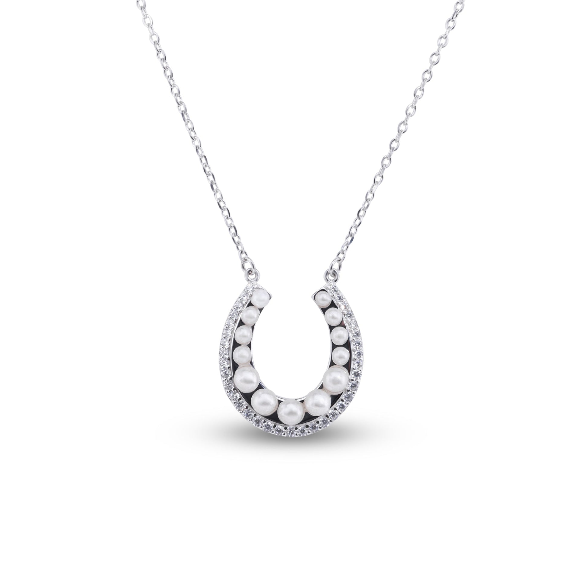 Rhodium Plated 925 Sterling Silver Horseshoe Pearl Clear CZ Necklace - BGP01487 SPI
