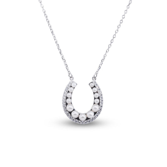 Rhodium Plated 925 Sterling Silver Horseshoe Pearl Clear CZ Necklace - BGP01487 SPI