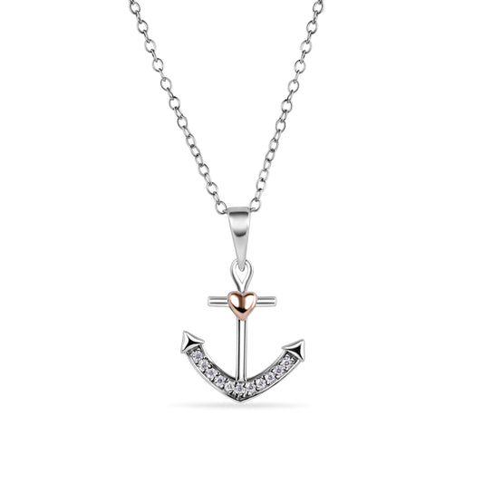 Rhodium Plated and Rose Gold Plated 925 Sterling Silver Anchor and Heart Clear CZ Necklace - BGP01488 Fantastic Jewelry NYC
