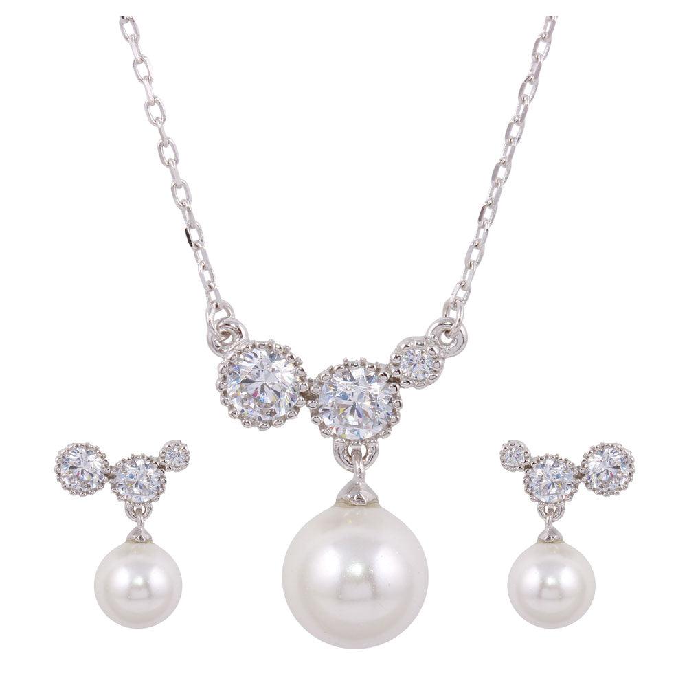 Rhodium Plated 925 Sterling Silver White Pearl Earring and Necklace with CZ - BGS00526 SPI