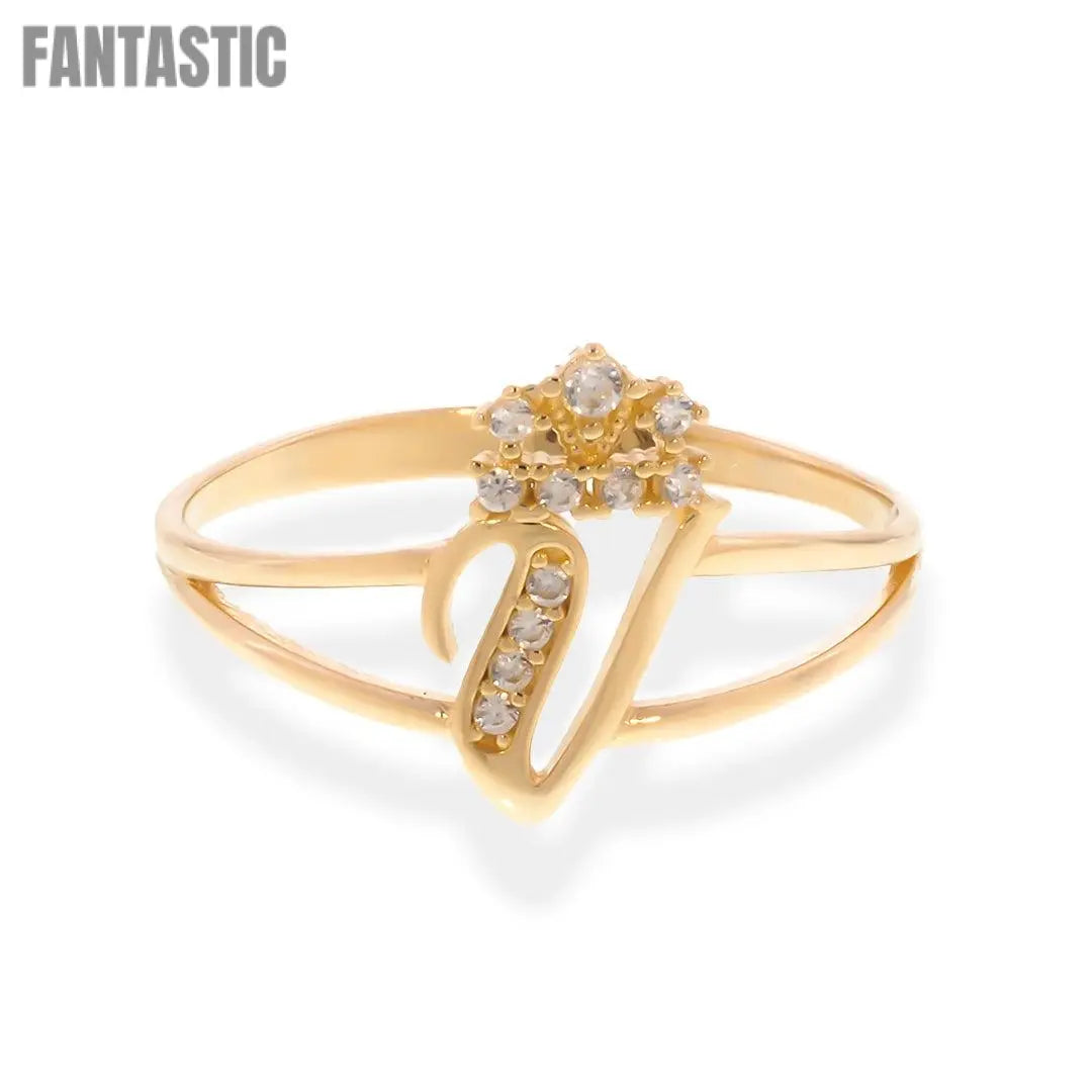Crown Initial Letter 'V' Ring in 14K Gold with CZ
