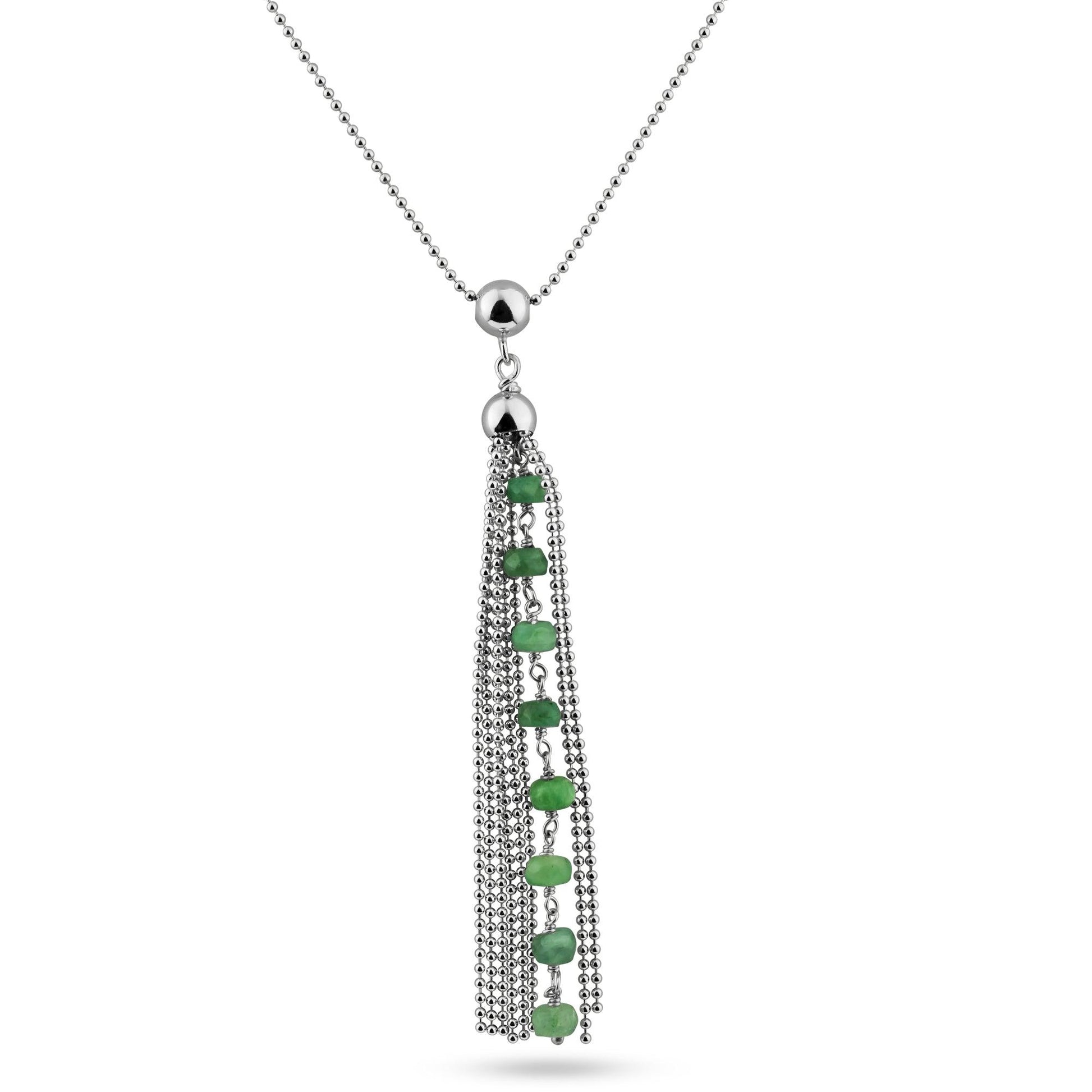 Rhodium Plated 925 Sterling Silver Bead Chain with Dropped Emerald Bead Necklace - DIN00068RH-EM SPI