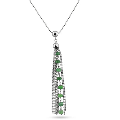 Rhodium Plated 925 Sterling Silver Bead Chain with Dropped Emerald Bead Necklace - DIN00068RH-EM SPI