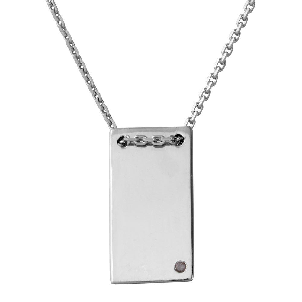 Rhodium Plated 925 Sterling Silver Engravable Rectangular Shaped Necklace with Diamond - DIN00075RH SPI