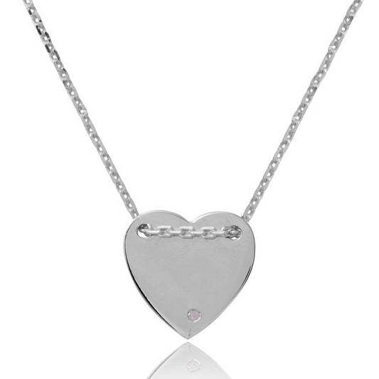 Rhodium Plated 925 Sterling Silver Engravable Heart Shaped Necklace with CZ - DIN00076RH SPI