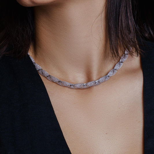 Rhodium Plated 925 Sterling Silver Mesh Wrap Accent Necklace - ECN00017RH SPI