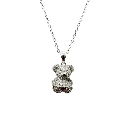 Rhodium Plated 925 Sterling Silver Bear Heart Red and Clear CZ Pendant Necklace - STP01858 SPI