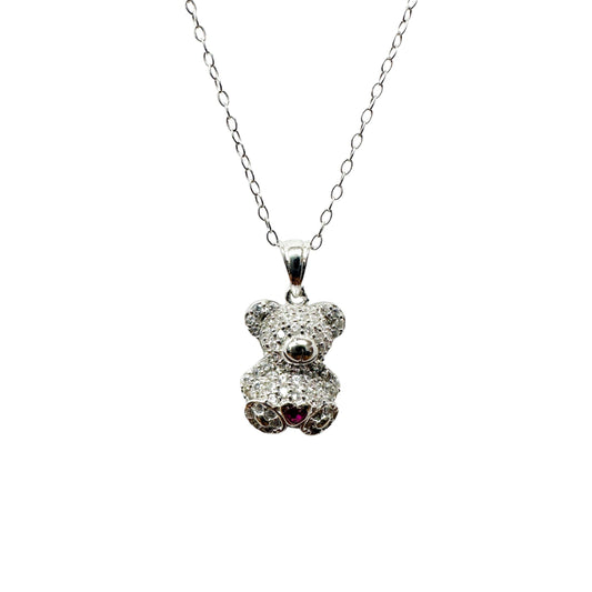 Rhodium Plated 925 Sterling Silver Bear Heart Red and Clear CZ Pendant Necklace - STP01858 SPI