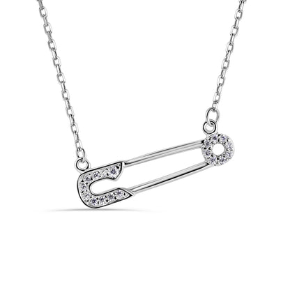 Silver 925 Rhodium Plated CZ Safety Pin Necklace - GMN00008RH SPI