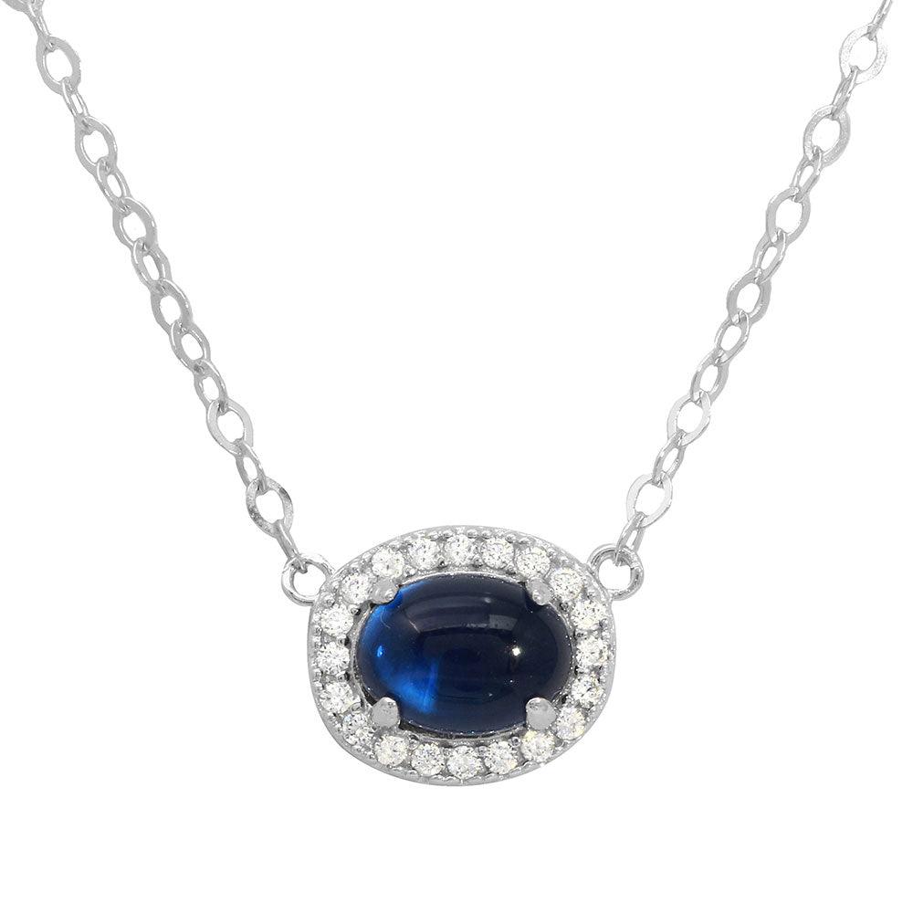 Rhodium Plated 925 Sterling Silver Oval Halo CZ Pendant Blue Center Stone Necklace - GMN00022-SEP SPI