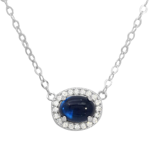 Rhodium Plated 925 Sterling Silver Oval Halo CZ Pendant Blue Center Stone Necklace - GMN00022-SEP SPI