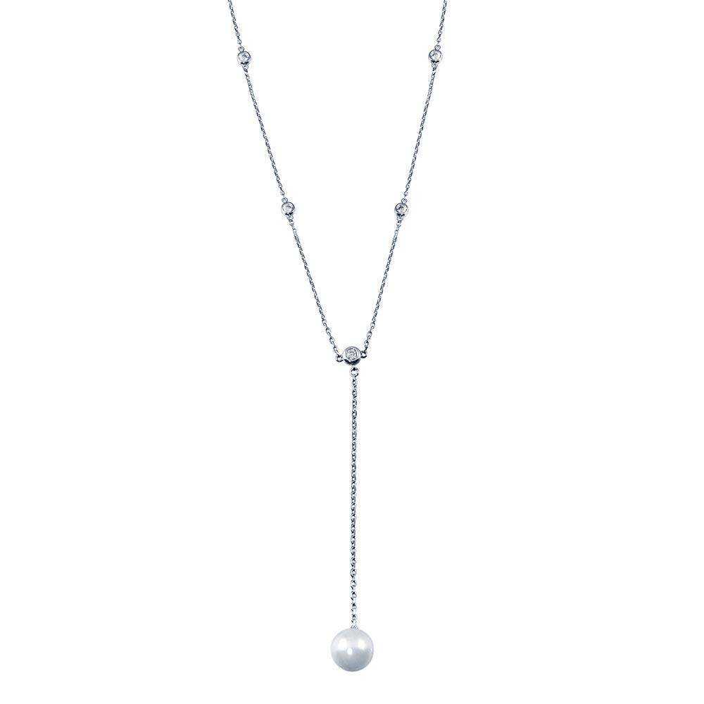 Rhodium Plated 925 Sterling Silver CZ By The Yard Necklace with drop Mother of Pearl - GMN00103 SPI