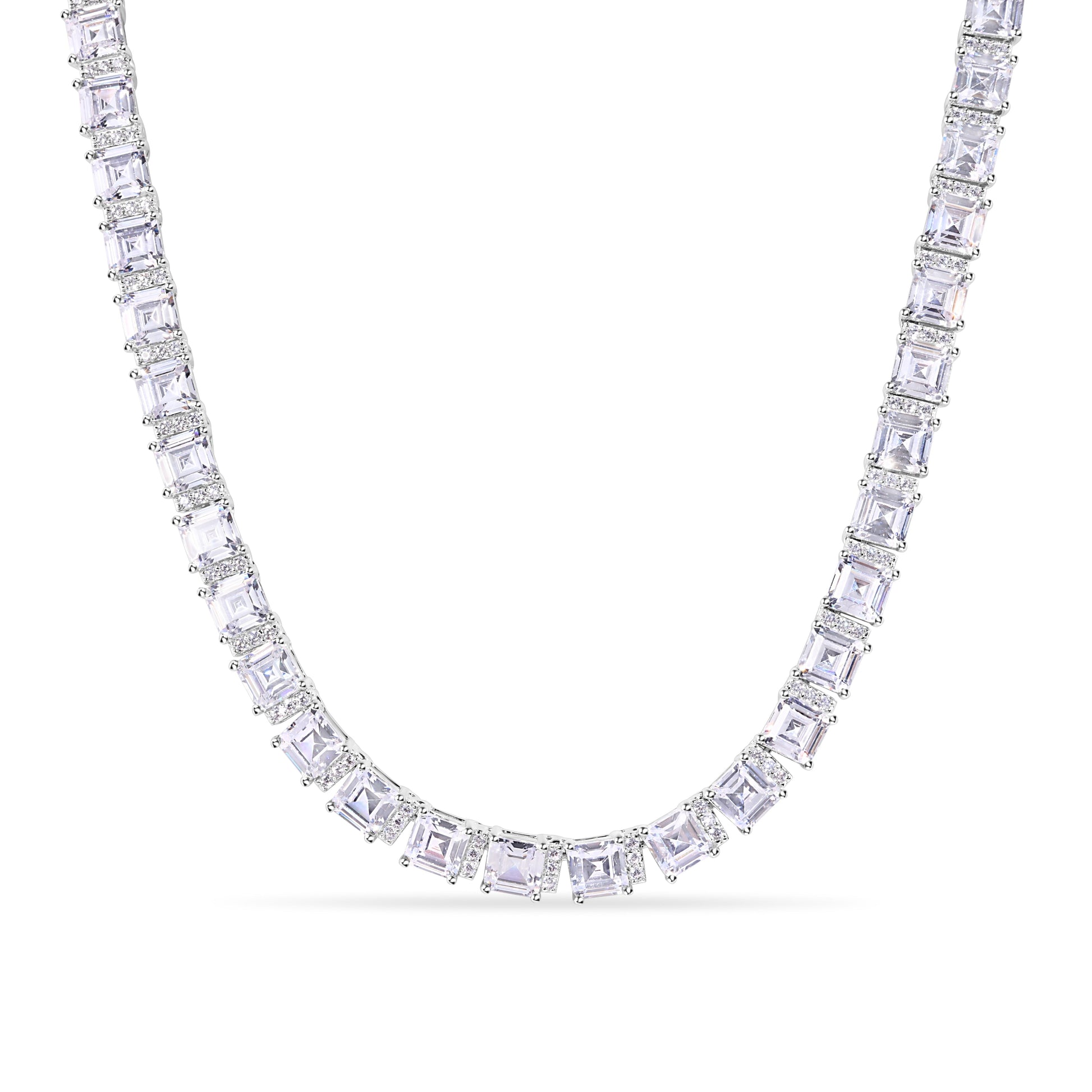 Rhodium Plated 925 Sterling Silver Square Cut Clear CZ 5.8mm Adjustable Length Tennis Necklace - GMN00220 Fantastic Jewelry NYC