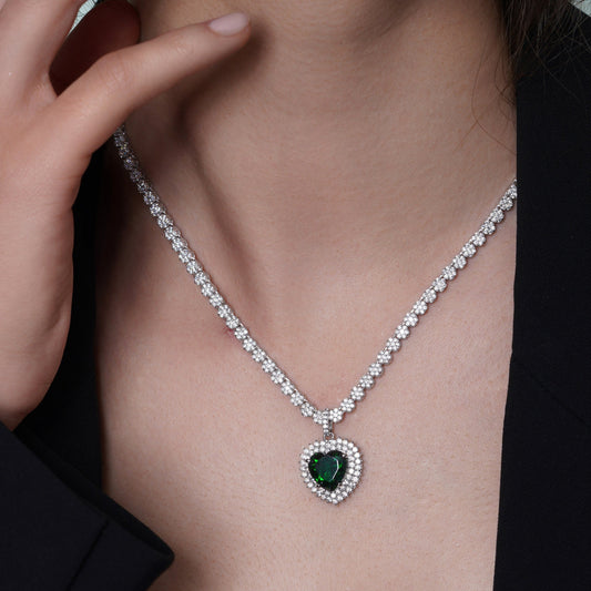 Rhodium Plated 925 Sterling Silver Heart Green CZ Pendant 3.8mm Round Cut Clear CZ Tennis Necklace - GMN00222 Fantastic Jewelry NYC