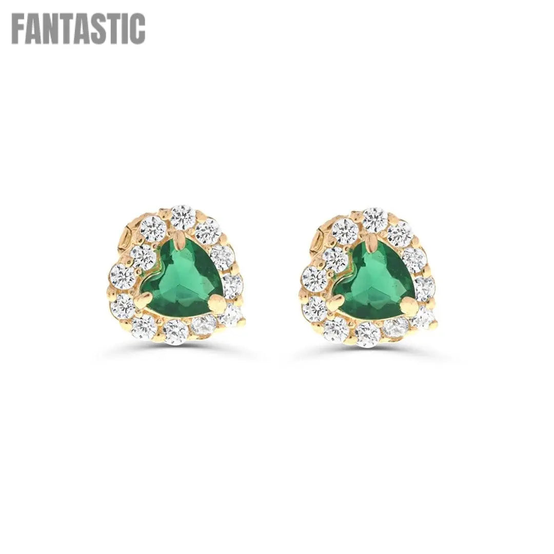 Heart Emerald  Stud Earrings | Screw back | 14K Gold With Cz Fantastic Jewelry NYC