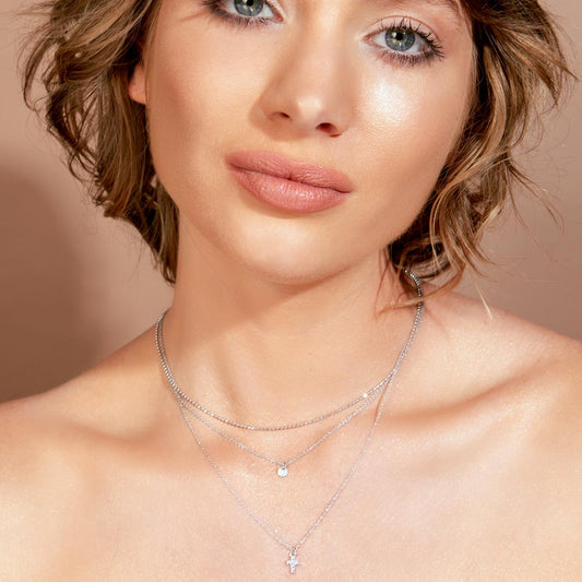 Rhodium Plated 925 Sterling Silver Triple Beaded Chain CZ Heart, Cross Necklace - ITN00123RH SPI