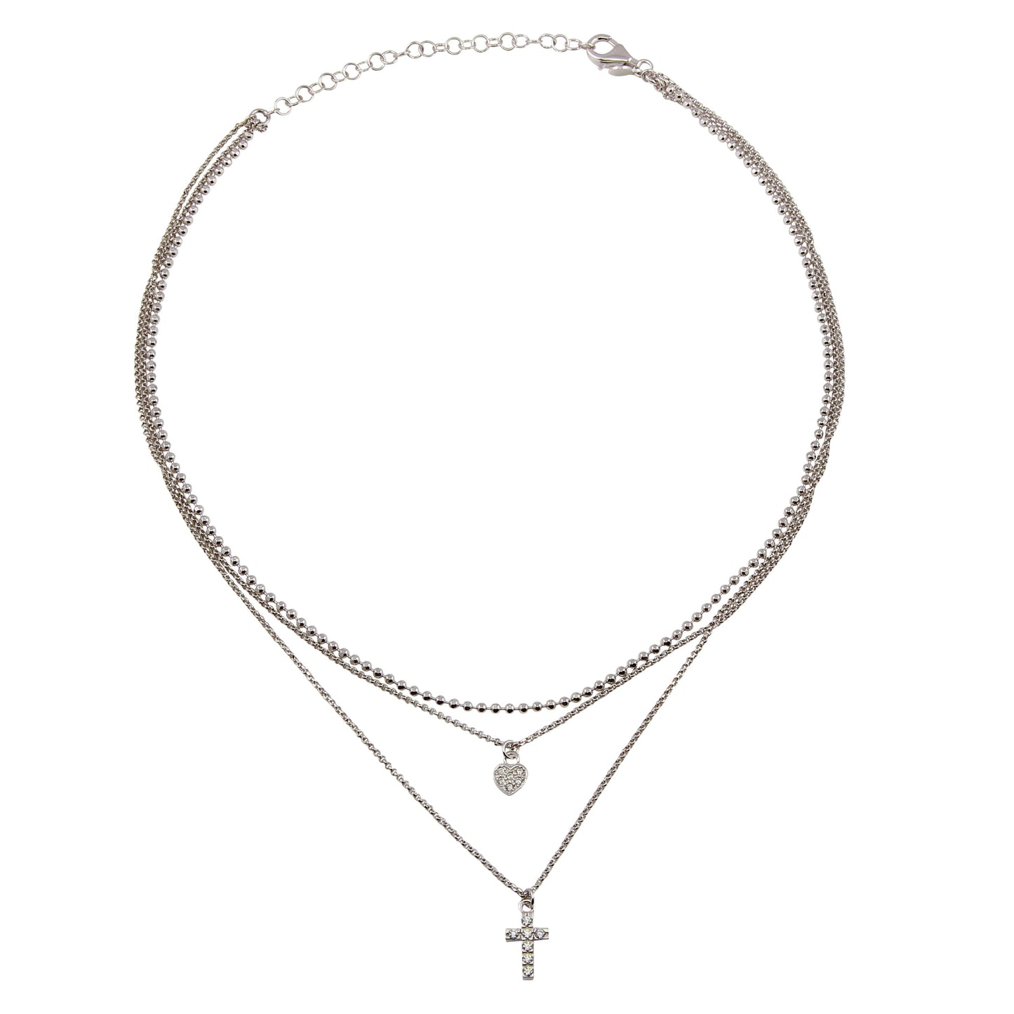 Rhodium Plated 925 Sterling Silver Triple Beaded Chain CZ Heart, Cross Necklace - ITN00123RH SPI