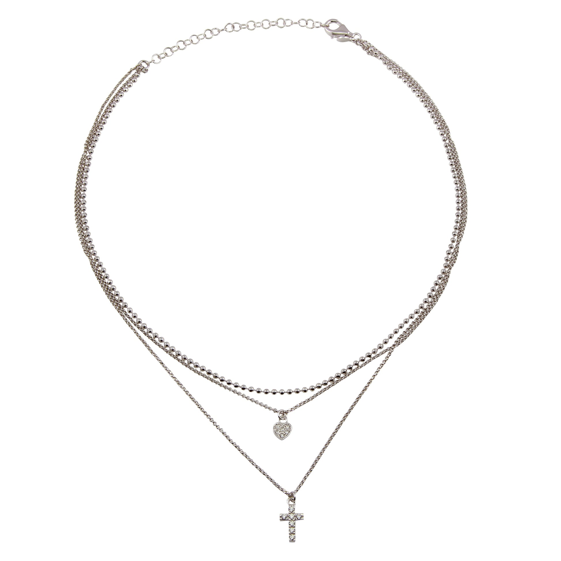 Rhodium Plated 925 Sterling Silver Triple Beaded Chain CZ Heart, Cross Necklace - ITN00123RH SPI