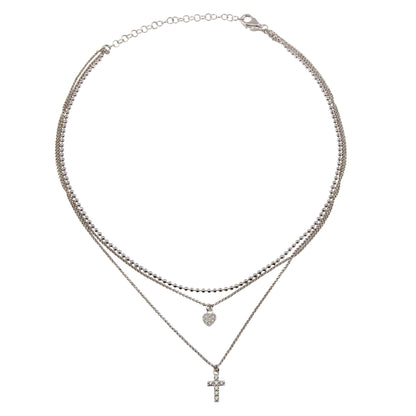 Rhodium Plated 925 Sterling Silver Triple Beaded Chain CZ Heart, Cross Necklace - ITN00123RH SPI