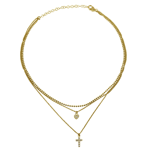 Gold Plated 925 Sterling Silver Triple Beaded Chain CZ Heart, Cross Necklace - ITN00123GP SPI