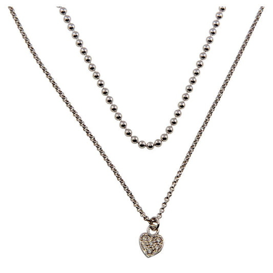 Rhodium Plated 925 Sterling Silver Double Chain and Drop Heart Necklace - ITN00127RH SPI