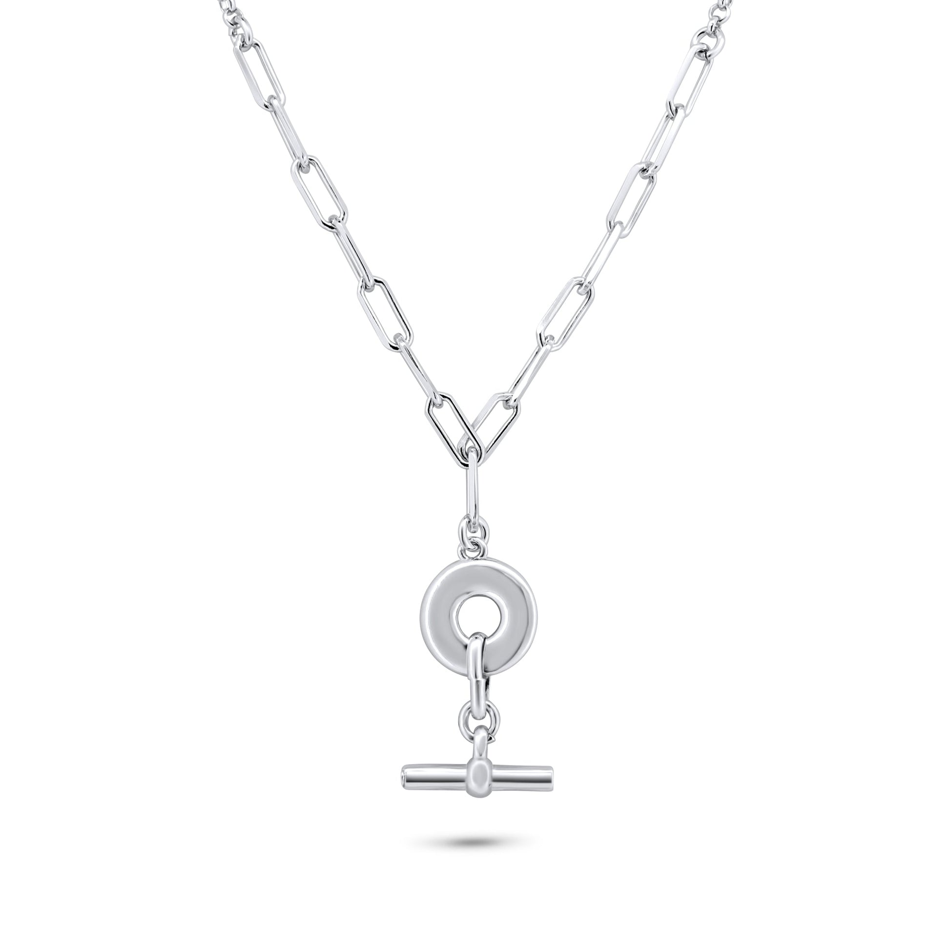 Rhodium Plated 925 Sterling Silver Paperclip Rolo Adjustable Donut and Bar Necklace - ITN00162-RH SPI