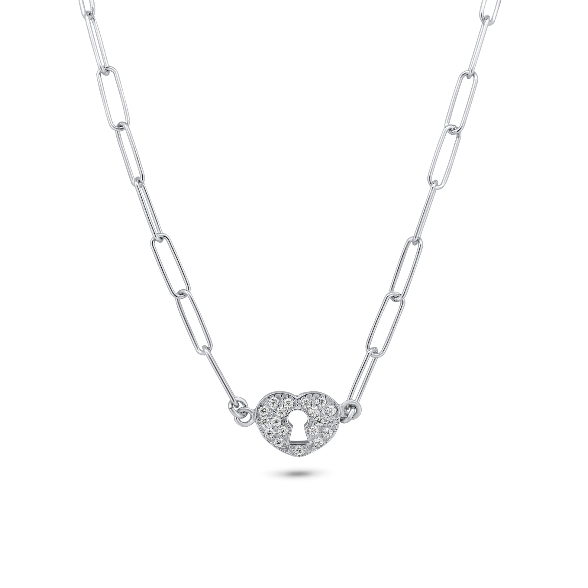 Rhodium Plated 925 Sterling Silver Paperclip Adjustable Clear CZ Heart Lock Necklace - ITN00163-RH SPI