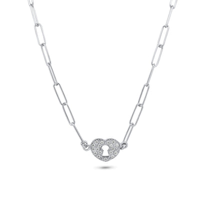 Rhodium Plated 925 Sterling Silver Paperclip Adjustable Clear CZ Heart Lock Necklace - ITN00163-RH SPI