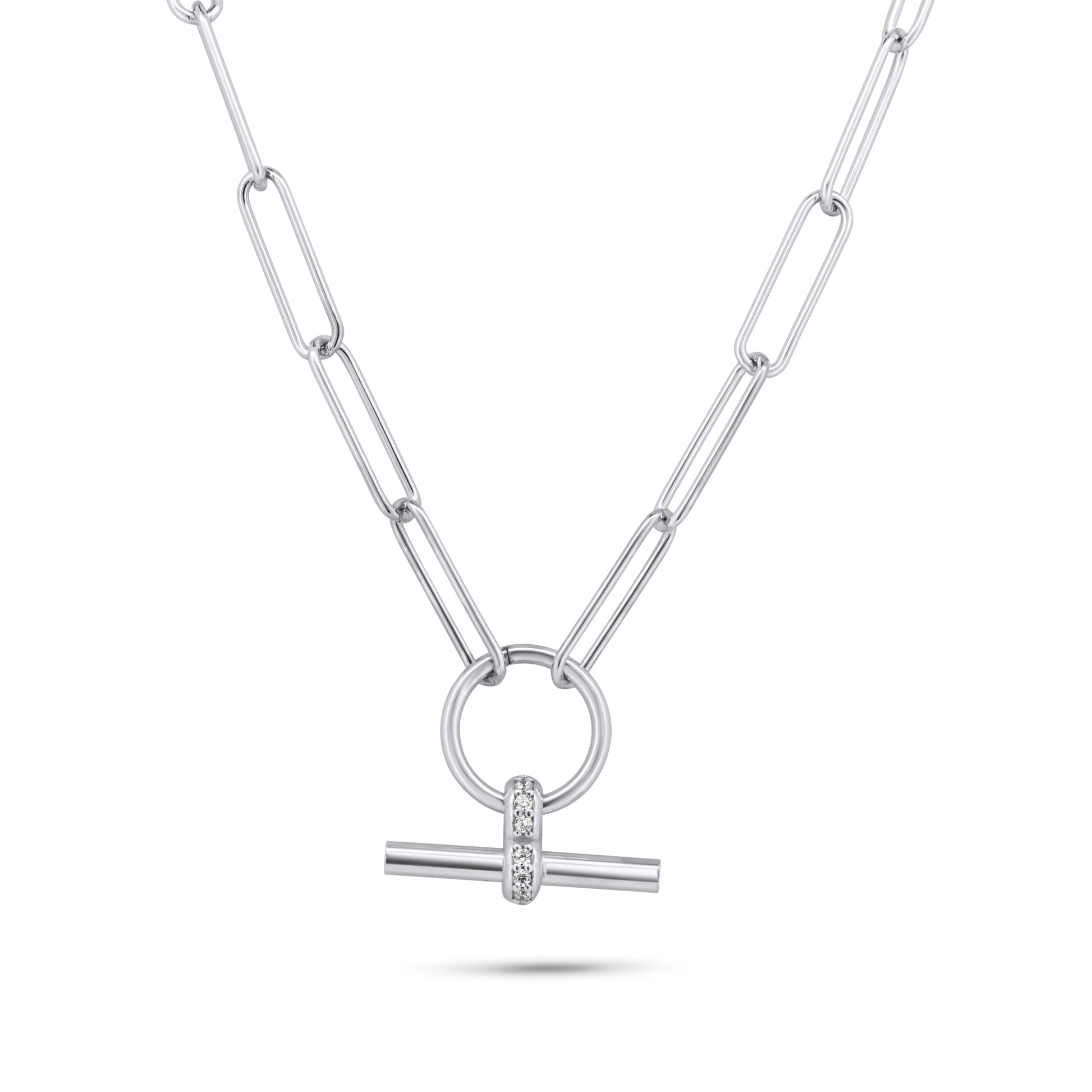 Rhodium Plated 925 Sterling Silver Paperclip Adjustable Clear CZ Toggle Charm Bar Necklace - ITN00165-RH SPI