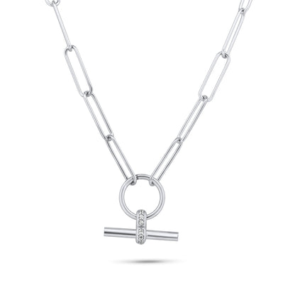 Rhodium Plated 925 Sterling Silver Paperclip Adjustable Clear CZ Toggle Charm Bar Necklace - ITN00165-RH SPI