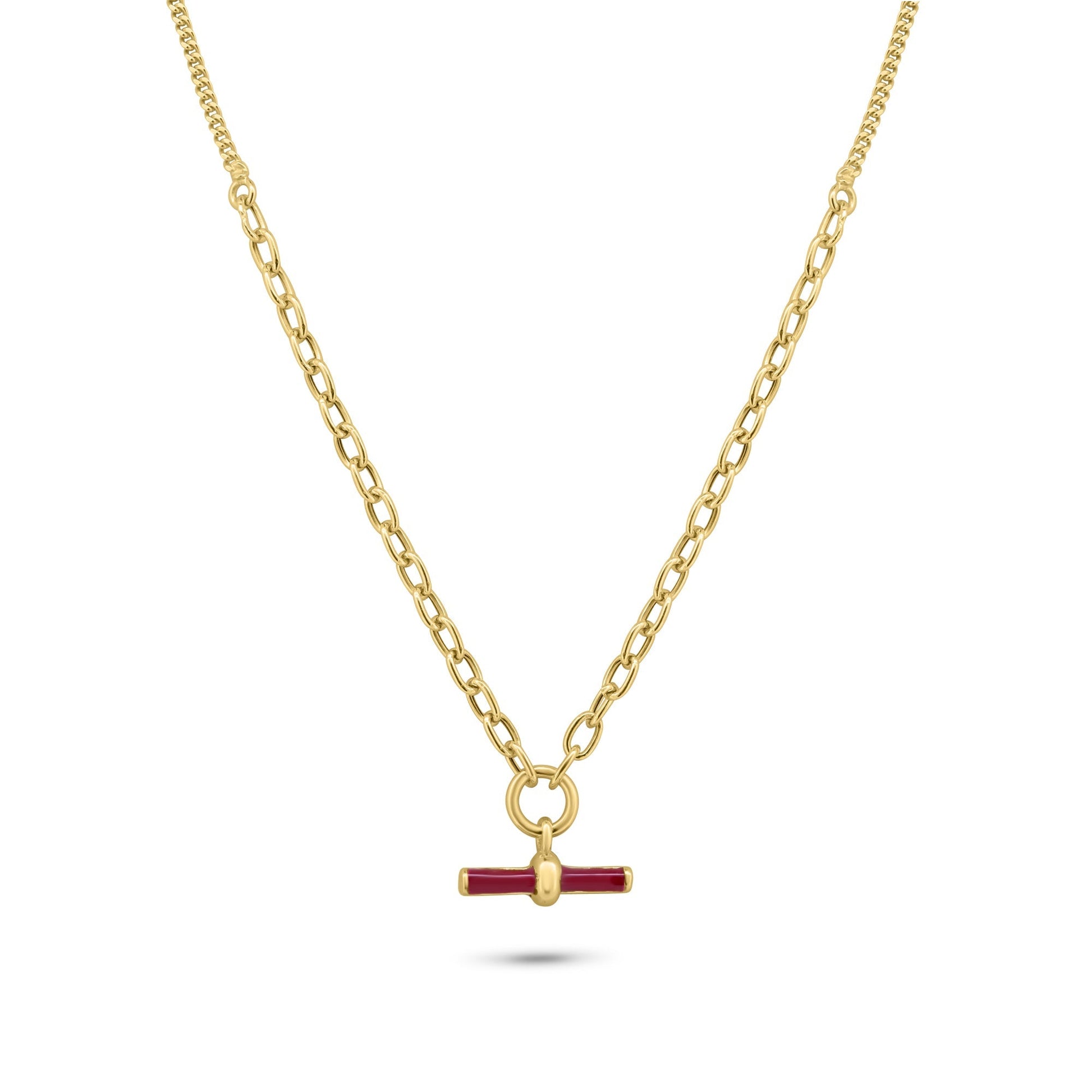Gold Plated 925 Sterling Silver Curb Rolo Adjustable Enamel Red Bar Necklace - ITN00168-GP SPI