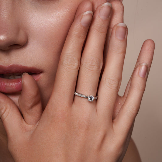 Rhodium Plated 925 Sterling Silver 5mm Round Lab Grown Diamond Pave Side Stones on Solitaire Engagement Ring - LGMR00005 Fantastic Jewelry NYC