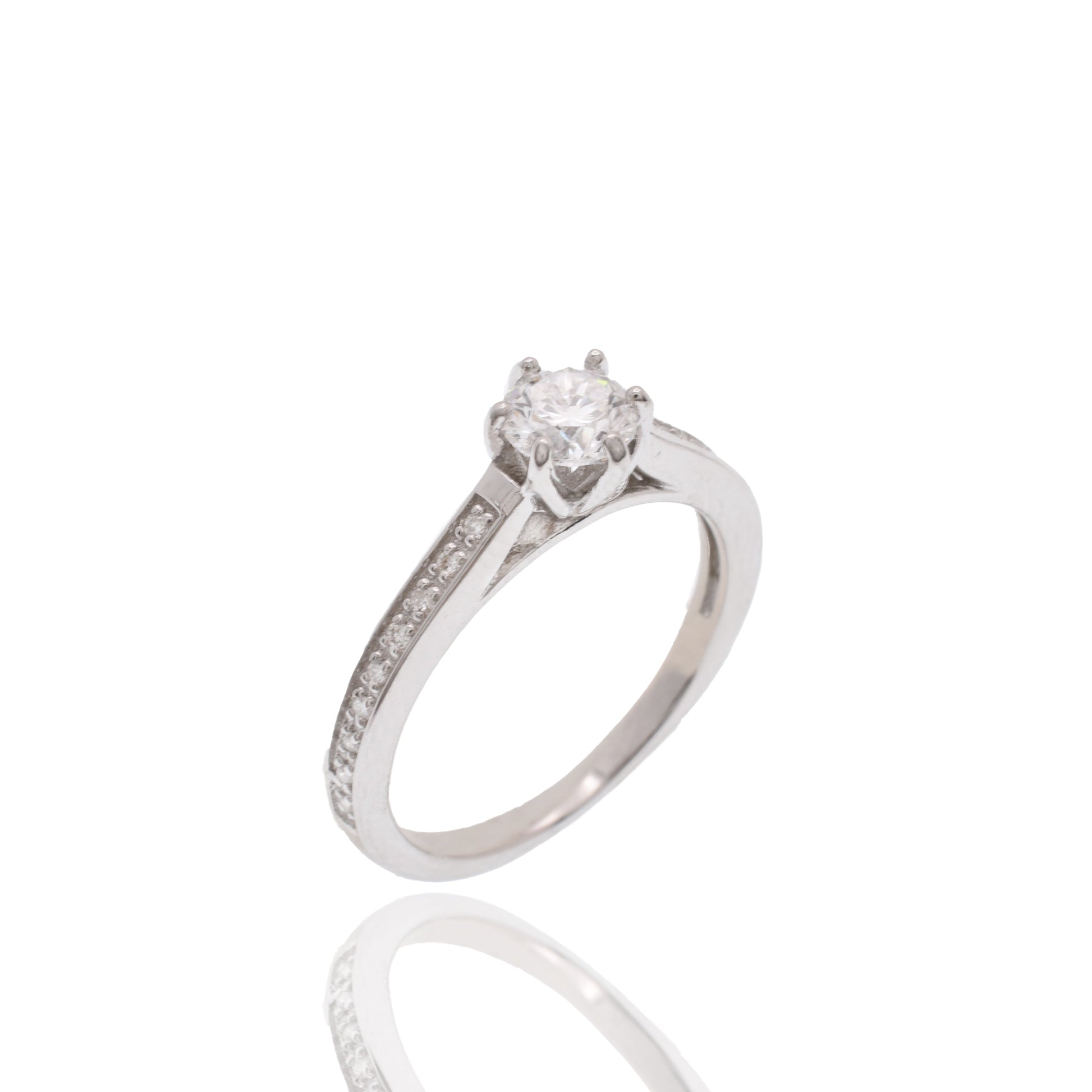 Rhodium Plated 925 Sterling Silver 5mm Round Lab Grown Diamond Pave Side Stones on Cathedral Style Engagement Ring - LGMR00007 Fantastic Jewelry NYC