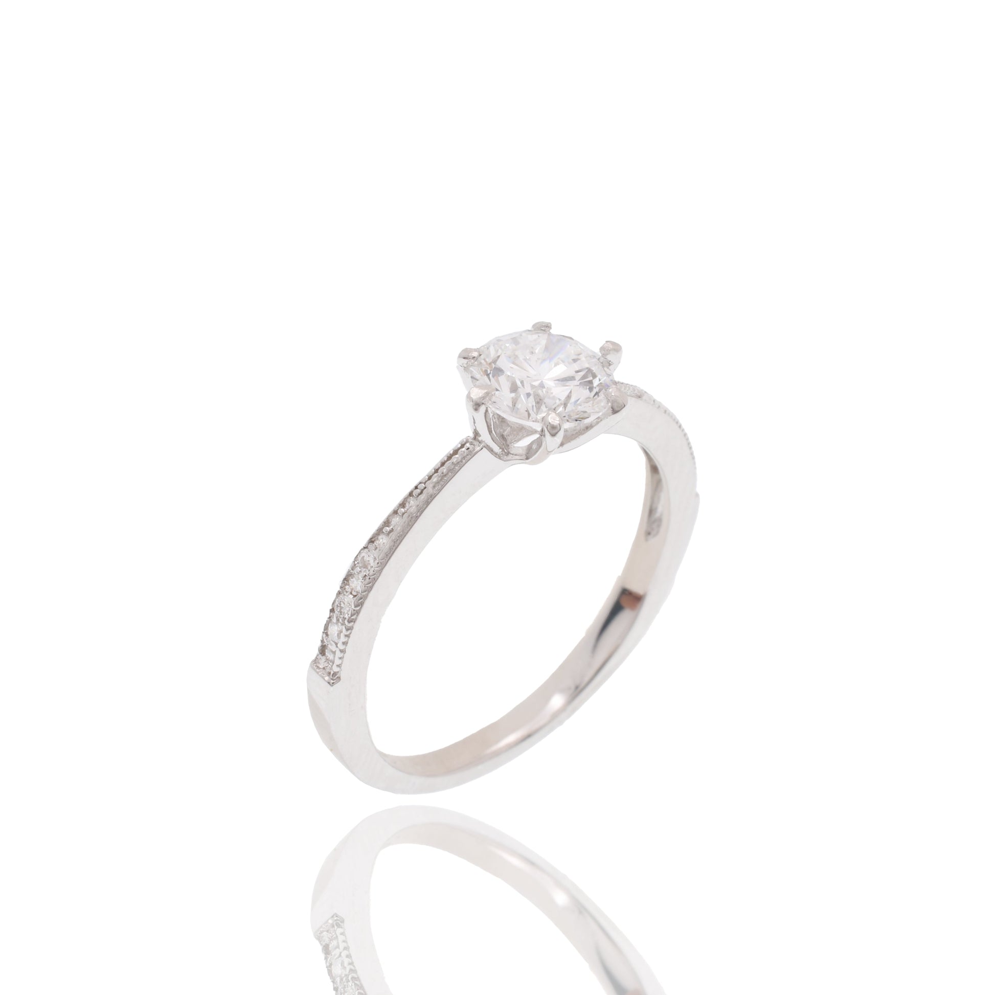 Rhodium Plated 925 Sterling Silver 6mm Round Lab Grown Diamond Pave Side Stones on Cathedral Style Engagement Ring - LGMR00008 Fantastic Jewelry NYC