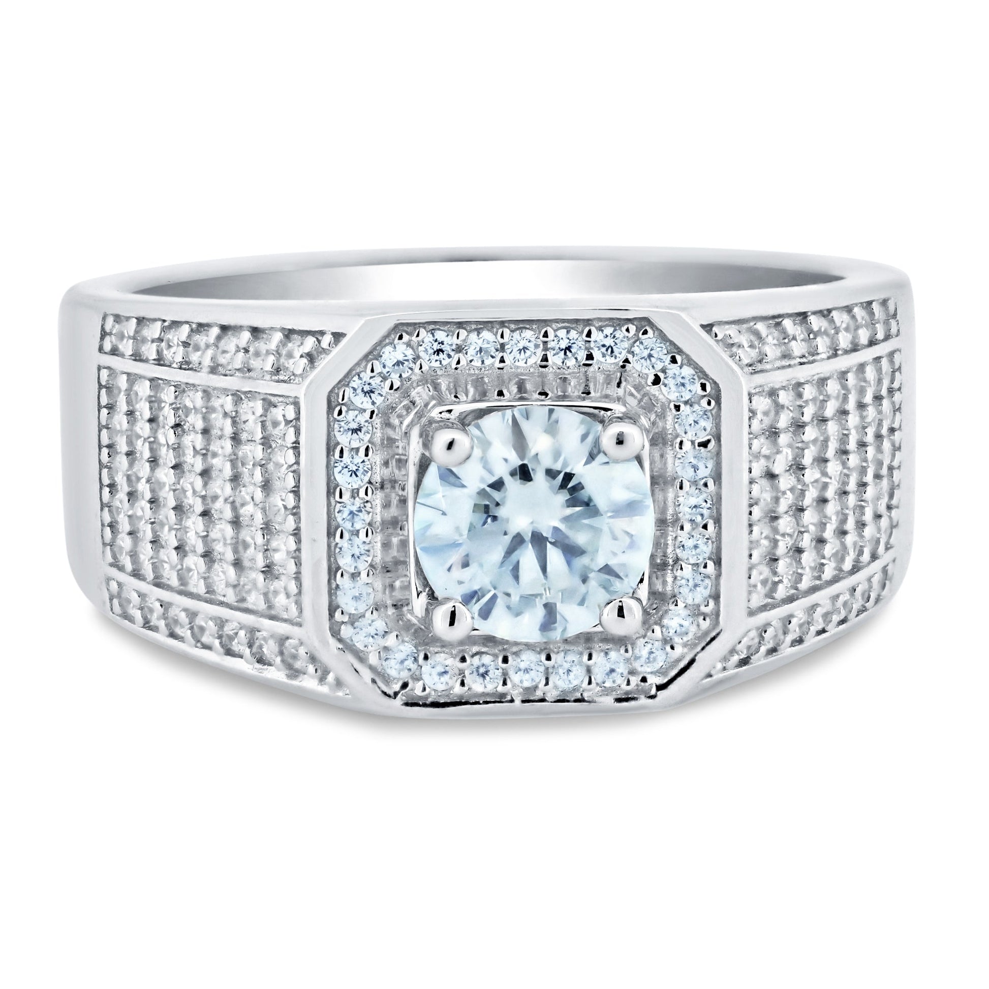 Rhodium Plated 925 Sterling Silver Men's 1 Carat Moissanite Stones Encrusted Statement Ring - MBGR00010 SPI