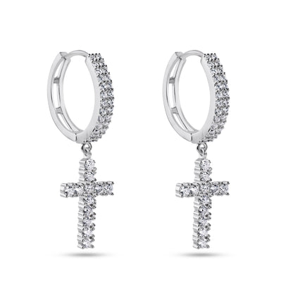 Sterling Rhodium Plated 925 Sterling Silver Moissanite Cross Hoop Earring - MGME00037 SPI