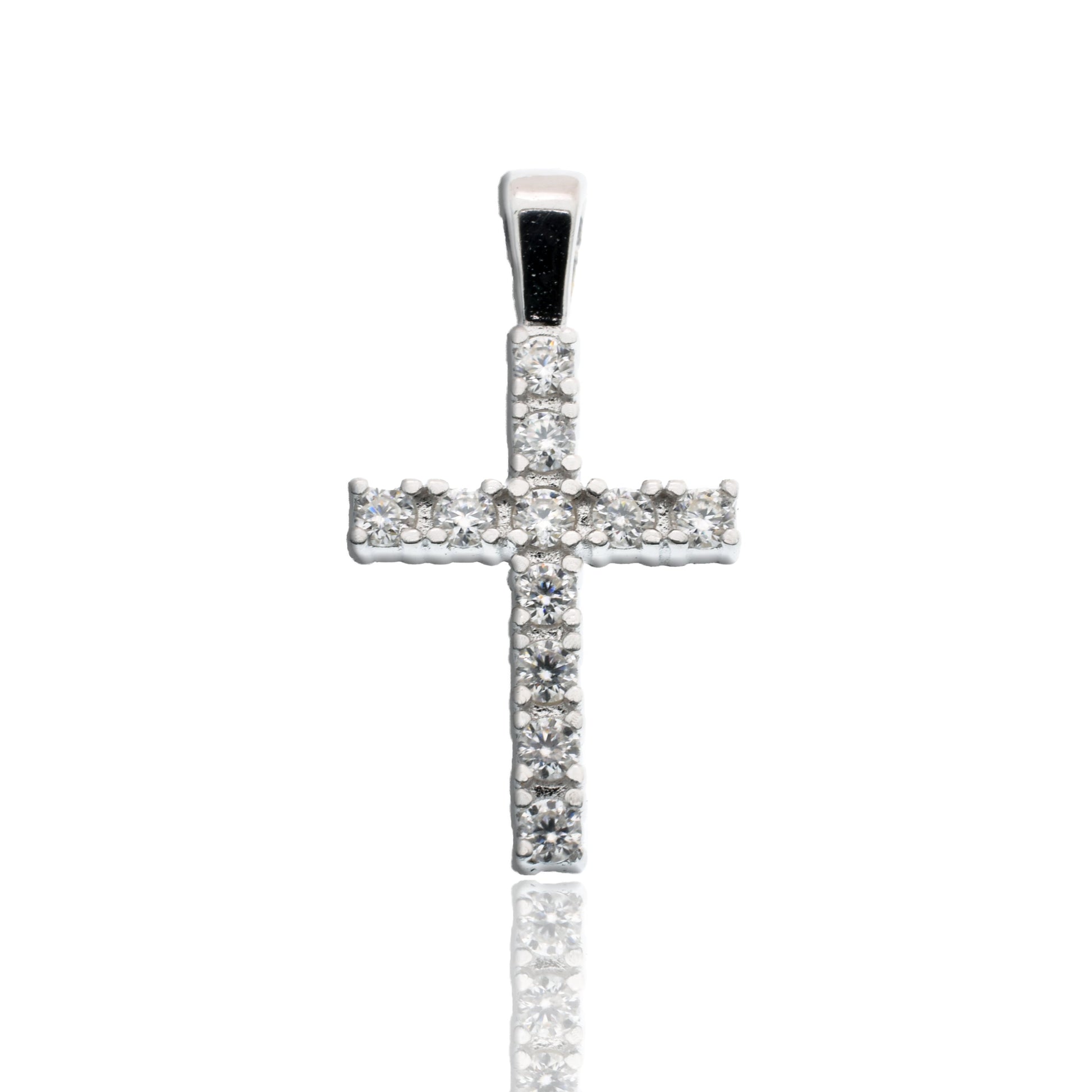 Rhodium Plated 925 Sterling Silver Moissanite Cross 9.6mm x 17.5mm Pendant - MGMN00020 Fantastic Jewelry NYC