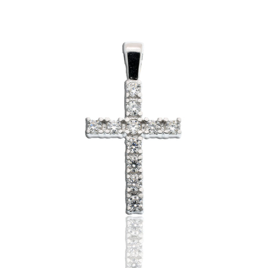 Rhodium Plated 925 Sterling Silver Moissanite Cross 9.6mm x 17.5mm Pendant - MGMN00020 Fantastic Jewelry NYC